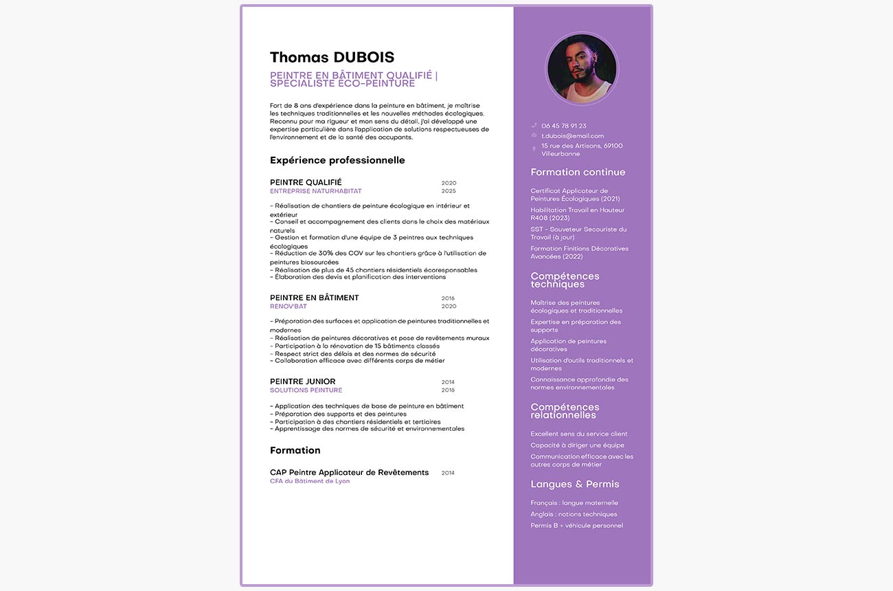 CV de peintre créé en ligne et téléchargé en PDF